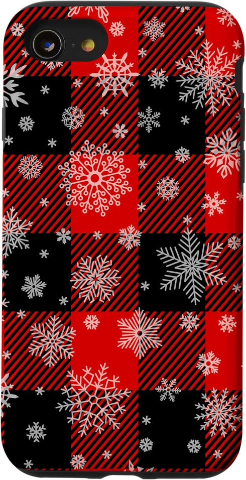 iPhone SE (2020) / 7 / 8 Snowflakes on Red Black Winter Christmas Plaid Buffalo Phone Case...