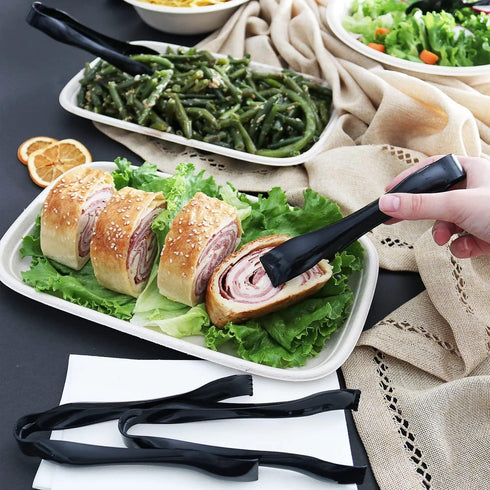 VeZee's Plastic Serving Utensils, Black Heavy Duty Disposable utensil | Set 10" Spoons 10" Forks 6" Tongs | 6 Each in One Set| 18 Pcs...