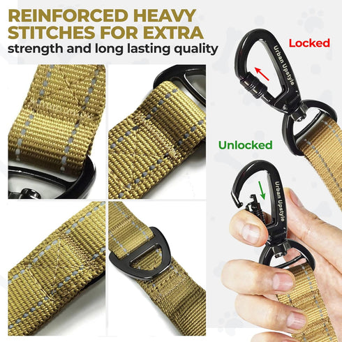 Urban Upstyle Double Handle Heavy Duty Dog Leash with Bungee Cord Stretch Seat Belt Latch and Poop Bag Dispenser (Army Green)...