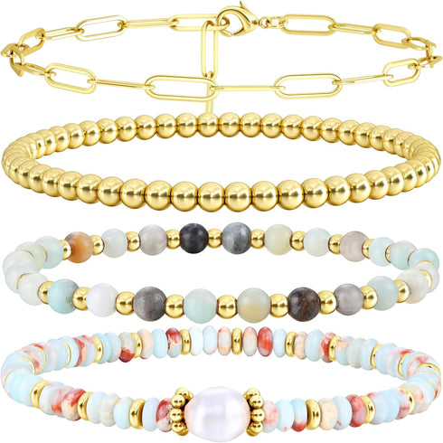 Sanfenly Gold Beaded Bracelets For Women, 14k Real Gold Plated Bead Stretch Stackable Stacked Stacking Stretchy Layered Trendy Simple Pearl Turquo...