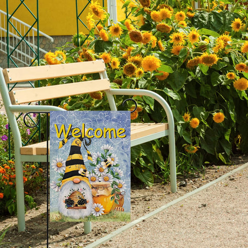 Welcome Spring Honey Bumble Bee Gnome Garden Flag, Summer Yard Outdoor Home Decorative Burlap Lawn Outside Decoration, Daisy Flowers Small Decor D...