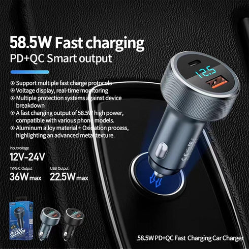 USB C Car Charger Adapter, Aluminum Shell and LED Voltage Display,58.5W Super Fast Charger USB C with 2-Port Compatible with iPhone 14 13 12, Sams...