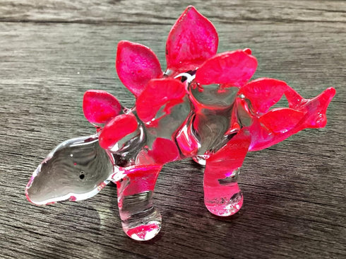 Garden Deco Glow in The Dark Pink Stegosaurus Hand Blown Art Glass Figurine Ornament Sculpture...