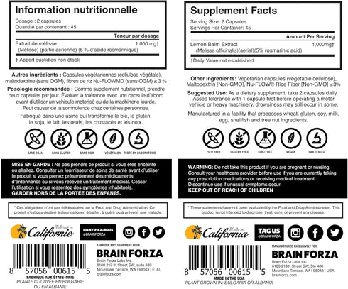 Brain Forza Lemon Balm R5 Extract Capsules - Standardized Extract 5% Rosmarinic Acid, 90 Capsules...