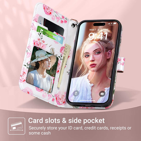 ULAK Compatible with iPhone 15 Pro Wallet Case with Card Holder, Flower Flip Case Wallet for Women Girls PU Leather Kickstand Wrist Strap Shockpro...