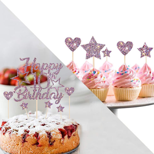Purple Glitter Happy 10th Birthday Cake Topper with Cupcake Toppers - 10th Birthday Cupcake Decoration, 10th Birthday Cake Decor for Boys or Girls...