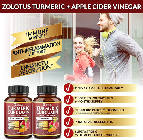 2packs 90 Capsules Turmeric Curcumin + Apple Cinder Vinegar Capsules, Equivalent to 5010mg, 6 Month Supply with Ashwagandha, Ginger, 95% Standardi...