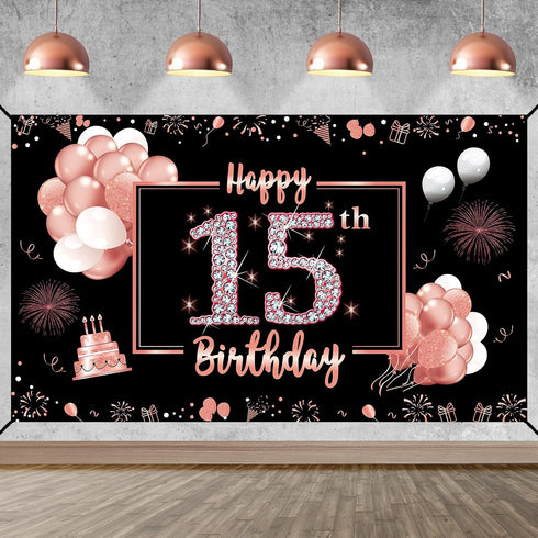 15th Birthday Decorations for Girls - Rose Gold Happy 15 Banner Backdrop, Sweet 15 Year Old Party Supplies, Poster Decor Background Sign...