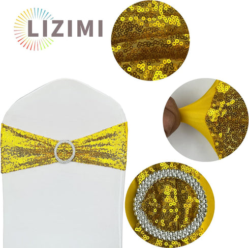Sequin Chair Sashes Stretch Chair Bands Spandex Polyester Bows for Party Hotel Wedding Banquets Decoration -Gold 6 Pcs...