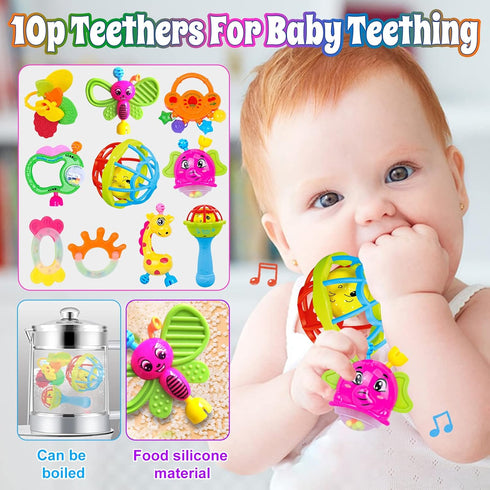 Baby Rattles 0-6 Months - 17 Pcs Baby Rattle Toys Set Infant Toys for 0-3 Months Baby Toys 3-6 Months Newborn Toys with Teething and Wrist Socks R...