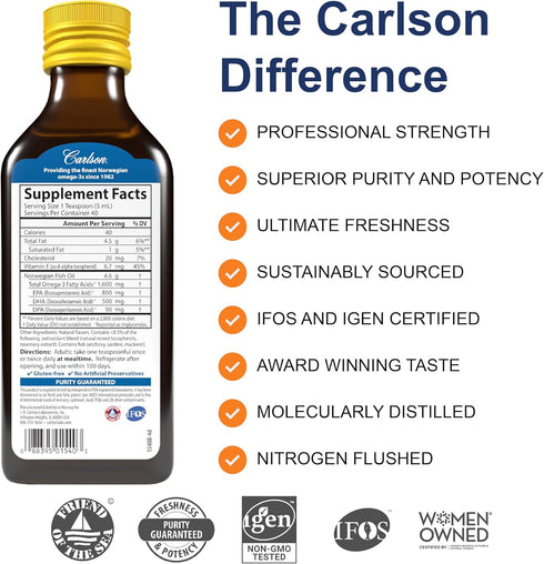 Carlson - The Very Finest Fish Oil, 1600 mg Omega-3s, Liquid Fish Oil Supplement, Norwegian Fish Oil, Wild-Caught, Sustainably Sourced Fish Oil Li...