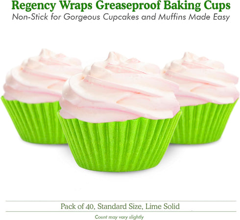 Regency Wraps Greaseproof Professional Grade Baking Cups, Pack of 40, Standard Liners, Lime Solid, for Cupcakes, Muffins, Candy, Non Stick...