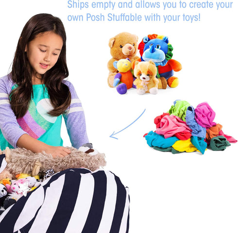 Posh Stuffable Kids Stuffed Animal Storage Bean Bag Chair Cover - Childrens Toy Organizer, Medium 27" - Canvas Stripes Blue and White...