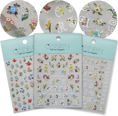 Flower Letter Nail Art Stickers 5D Embossed Nail Decals for Nail Art Design Self-Adhesive Nail Accessories for Women Nail Art Supplies 3 Sheets...