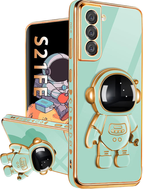 Buleens for Samsung Galaxy S21 FE Case with Astronaut Stand, Women Girls for Galaxy S21 FE 5G Cases, Girly Cute 6D Space Astronaut Hidden Kickstan...