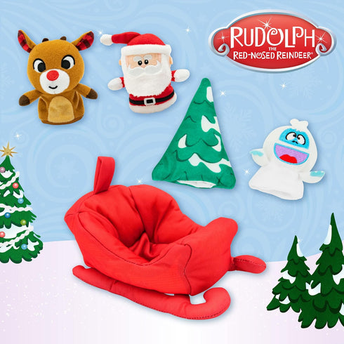 KIDS PREFERRED Christmas Rudolph The Red-Nosed Reindeer Finger Puppet Playset with Sleigh, 5 Pieces, Christmas Stuffed Animal Plush Toys, Finger H...