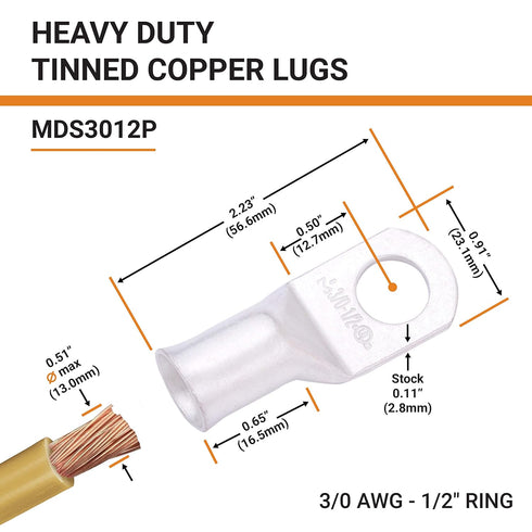 SELTERM 10pcs 3/0 AWG-1/2" Stud Tinned Copper Wire Lugs, Heavy Duty Battery Cable Ends,000 Gauge Ring Terminals, UL Battery Lugs Marine Grade Copp...