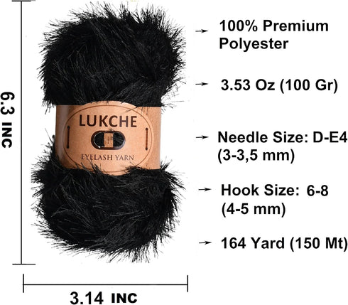 Eyelash Fun Fur Yarn Premium 100% Polyester 164 Yds (150 Mt), 3.53 Oz (100 Gr) Colorful Crochet Yarn D?y Hand Knitting. (Black, 1 Skein)......