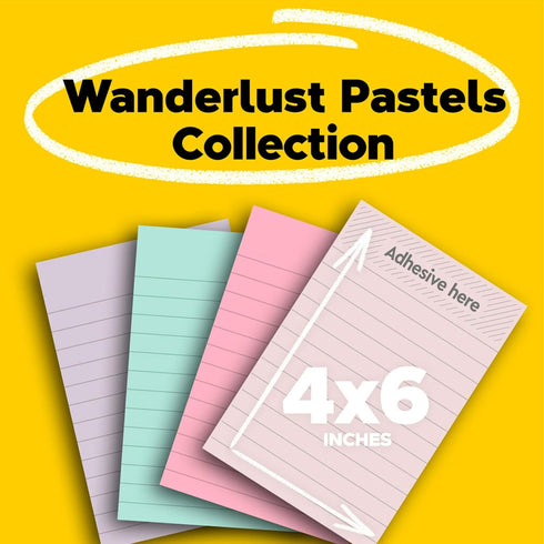 Post-it 100% Recycled Paper Super Sticky Notes, 2X The Sticking Power, 4x6 in, Lined, 4 Pads/Pack, 45 Sheets/Pad, Wanderlust Pastels Collection (4...