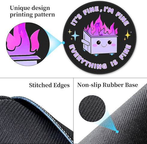 Funny Mouse Pad for Desk, Cute Office Decor for Women, Dumpster on Fire Small Mousepad with Non-Slip Rubber Base, This is Fine Round Computer Mous...