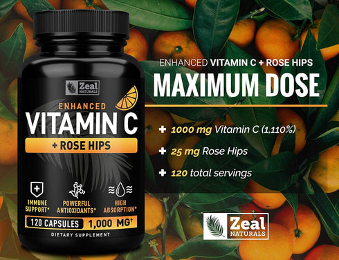 Vitamin C 1000mg with Rosehips (120 Capsules | 1000mg) Pure Vitamin C Capsules - Ascorbic Acid + Rose Hips for Powerful Immune System Support - Hi...