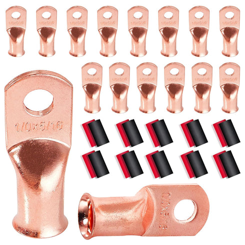 RED WOLF 1/0 AWG - 5/16" Battery Cable End Copper Wire Ring Terminal Connector Lug w/3:1 Ratio Heat Shrink Tubing Black Red, 16 PCS Marine Grade R...
