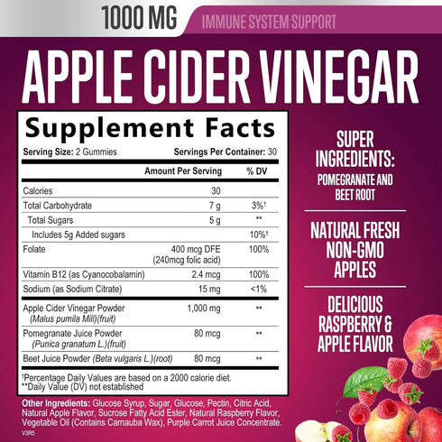 Vegan Apple Cider Vinegar Gummies 1000mg for Detox & Cleanse, ACV Gummy Vitamins B12 Supplement for Digestion Metabolism & Gut Health Support, Nat...