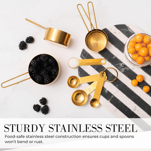 STYLED SETTINGS Gold Measuring Cups and Spoons Set – Stackable 8-Piece Brass Measuring Set – Stylish and Sturdy Gold Kitchen Accessories for Bakin...