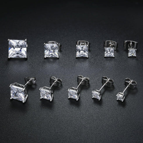 GEMSME 18K Gold Plated Princess Cut Clear Cubic Zirconia Stud Earrings Pack of 5 (white gold)...