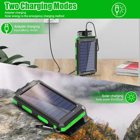 Solar Charger, 20000mAh Portable Outdoor Waterproof Solar Power Bank, Camping External Backup Battery Pack Dual 5V USB Ports Output, 2 Led Light F...