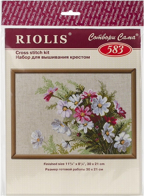 RIOLIS 583 - Cosmos - Counted Cross Stitch Kit 11¾" x 8¼" Zweigart 15 ct. Flaxen AIDA 16 Colors...