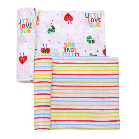2 Pack Cotton Muslin Swaddle Blankets for Baby, 40" x 36", Lightweight, Breathable (The Very Hungry Caterpillar, Little Love Bug) Multicolored...
