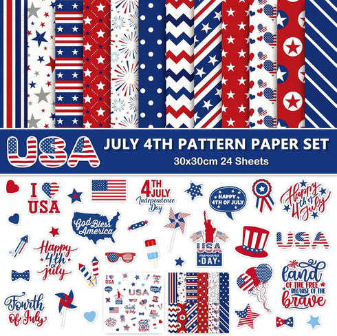 Whaline 24 Sheet 4th of July Pattern Paper with 4 Sheet Stickers Scrapbook Paper Double-Sided Collection Decorative Craft Paper Folded Flat for Pa...