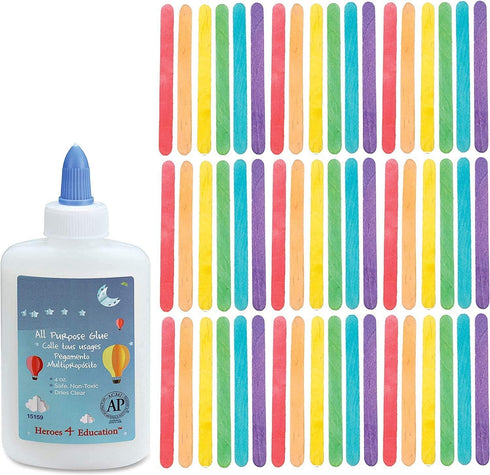 Craft Sticks, Wooden Colored Craft Sticks, 4.5” Long, 120 Piece - with Washable Nontoxic Crafts Glue, 4 fl oz – Fun Set for Kids, Crafting Project...