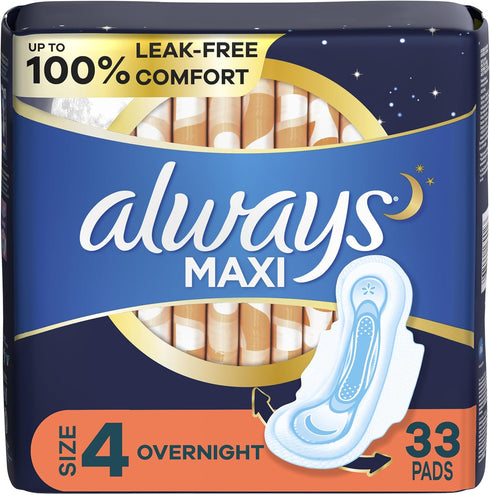 Always Maxi Pads Size 4 Overnight Absorbency Unscented with Wings, 33 Count...