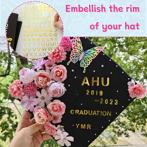 44 Pieces Graduation Cap Decorating Kit, Assorted Artificial Flowers, Rhinestones, Alphabet and Number Stickers and Butterflies for DIY Grad Cap T...