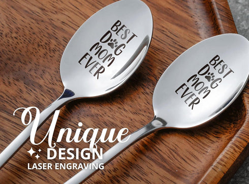 INNObeta Dog Lover Gifts, 2 Pcs Engraved Ice Cream Spoons, Stainless Steel Coffee Spoon, Best Dog Mom Ever...