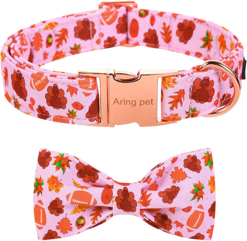 ARING PET Fall Dog Collar Bowtie, Cute Thanksgiving Turkey Dog Collar with Bow, Cotton Maple Leaf Rugby Dog Collar with Metal Buckle for Small Med...