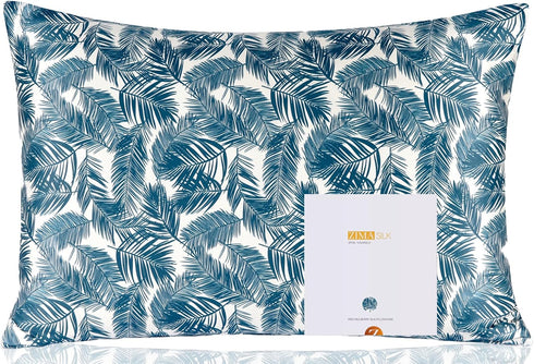 ZIMASILK 100% Pure Mulberry Silk Pillowcase for Hair and Skin Health,Both Sides 19 Momme Silk Floral Print,1pc(Queen 20''x30'',Blue Leaves)...