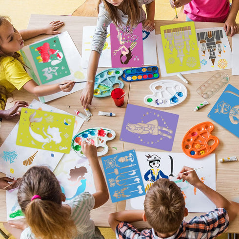 30 Pieces Stencils for Kids with 5 Pcs Scratch Paper, 7 x 9.85 Inch Large Sidewalk Chalk Stencils, Princesses Fairies Themed Primary Shape Stencil...