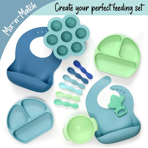 PrimaStella Unbreakable Silicone Non-Slip Bowl and Chew Spoon Set for Babies and Toddlers (Blue)...