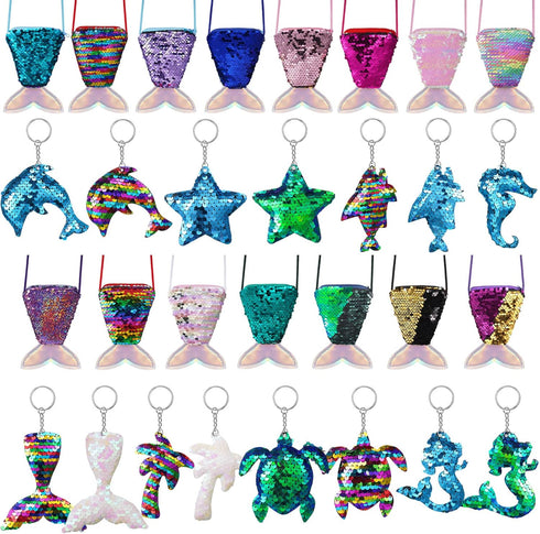 30 Pcs Mermaid Tail Coin Purse Colorful Sequin Keychains Mermaid Tail Sequin Crossbody Coin Wallet Bags Reversible Sequin Glitter Keychains for Ki...