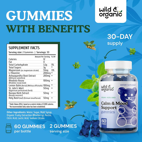 Wild & Organic Calm Gummies - Mood Support Supplement - Calming Gummies w/Ashwagandha Root, Rhodiola Rosea, Lemon Balm - Ashwagandha Supplements G...