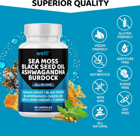 Sea Moss 3000, Black Seed Oil 2000, Ashwagandha 1000, Bladderwrack, Maca Turmeric - Manuka Honey, Dandelion & Black Pepper, Super Antioxidants Sup...