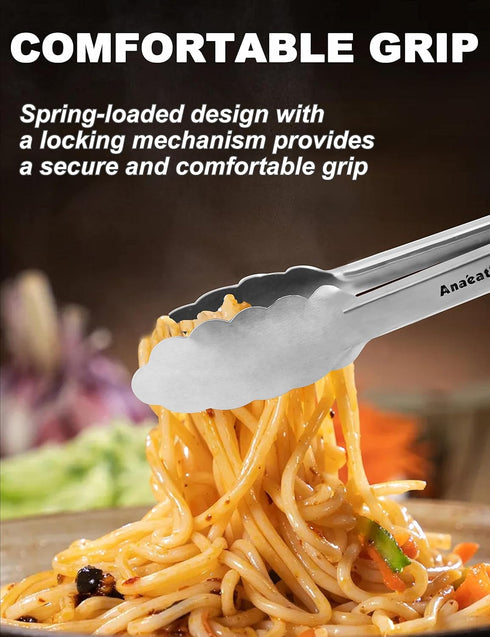 Anaeat 7" Mini Cooking Tong Stainless Steel - Sturdy Coiled Spring Locking Kitchen Food Tong with Non-Slip Silicone Grip for Serving, Cooking, Bak...