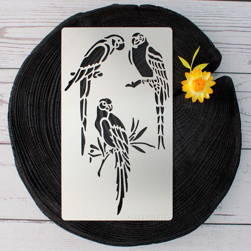 Aleks Melnyk No.472 Metal Stencil, Bird on Tree Branch, Parrots, Wild Animal, Small Stencil, 1 PC, Template for Wood Burning, Engraving, Crafting,...