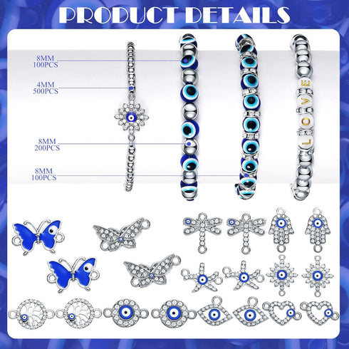 920 Pieces Evil Eye Charms Kits includes 20 Rhinestone Charms 100 Evil Eye Beads 100 Rondelle Spacer Bead 500 4mm and 200 8mm Round Beaded for DIY...