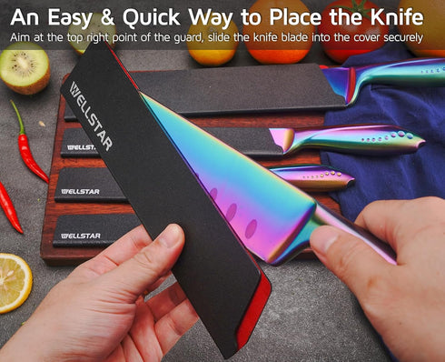 WELLSTAR Knife Edge Guards Set, 5 Piece Universal Blade Covers, BPA Free ABS Protective Blade Sheaths, Non-Scratch Felt Lining Kitchen Knives Cove...