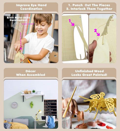 Puzzled 3D Puzzle Honeybee Wood Craft Construction Model Kit, Unique & Educational DIY Wooden Insect Toy Assemble Bee Model Unfinished Crafting Ho...