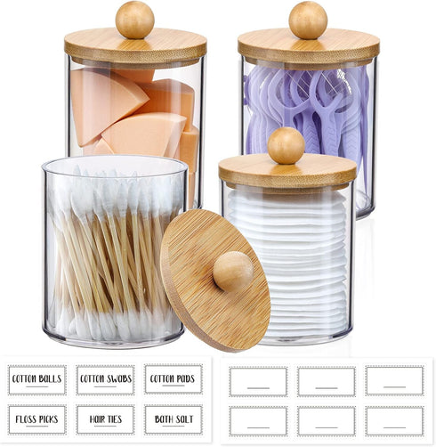 4 Pack Qtip Holder Dispenser with Bamboo Lids - 10 oz Clear Plastic Apothecary Jar Containers for Vanity Makeup Organizer Storage - Bathroom Acces...